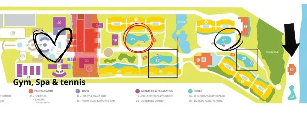 Color-coded resort map highlighting pools, activities, and accommodations at a Caribbean resort.