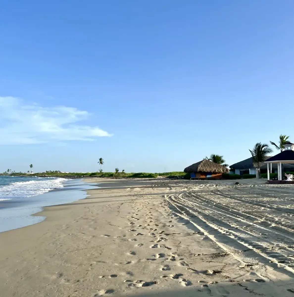 sandy beach with ocean waves, thatched hut, gazebo, palm trees