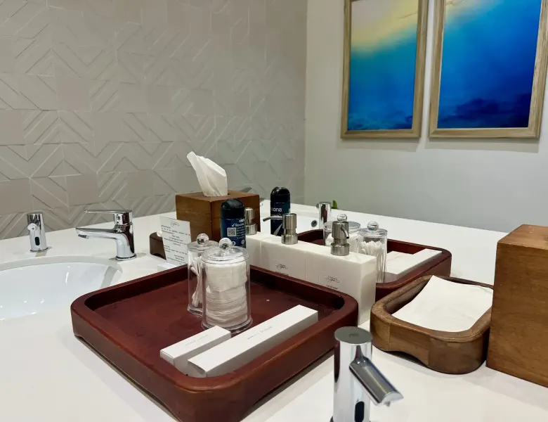bathroom counter with sinks, toiletries, and framed artwork