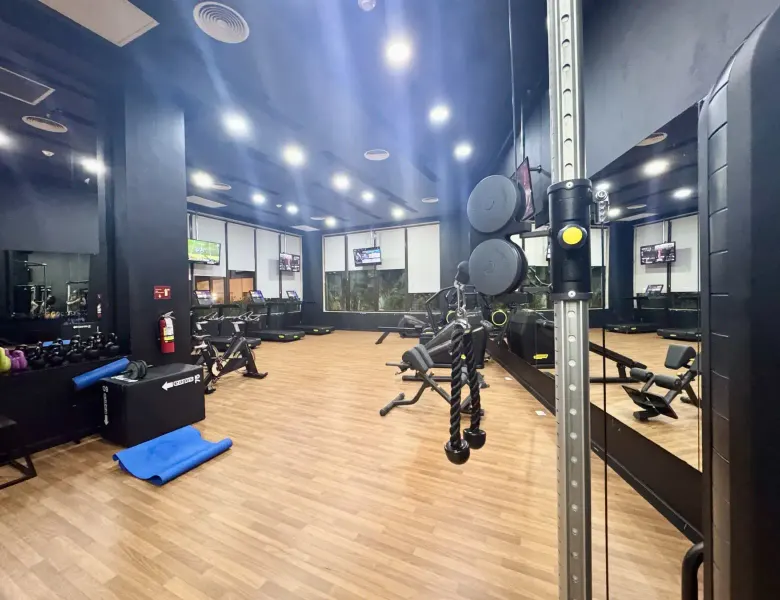 gym with exercise equipment, mirrors, and wooden flooring