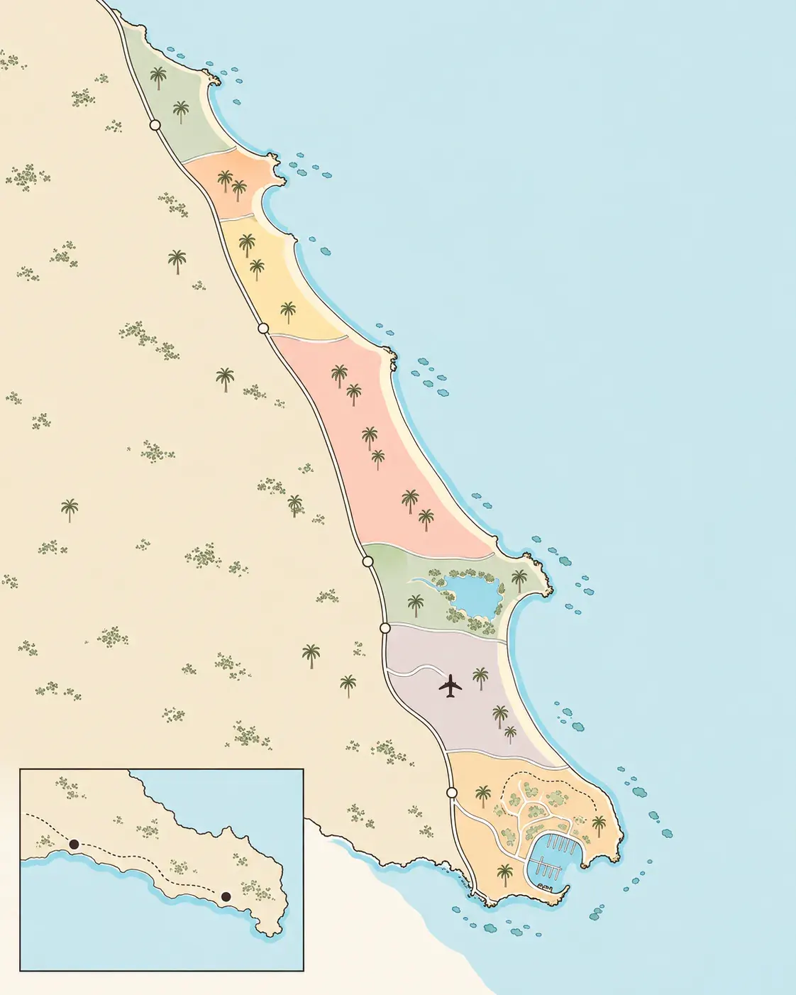 Illustrated map of the Punta Cana coast, from Uvero Alto in the north to Cap Cana in the south, with Punta Cana International airport inland and a La Romana inset.