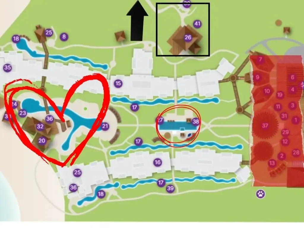 The resort plan with our marks: the Relax pool and the quiet side, the Xcelerate party zone, the spa we could not film, the swim-up rooms' pool, and the indoor walkway to Dreams Onyx.