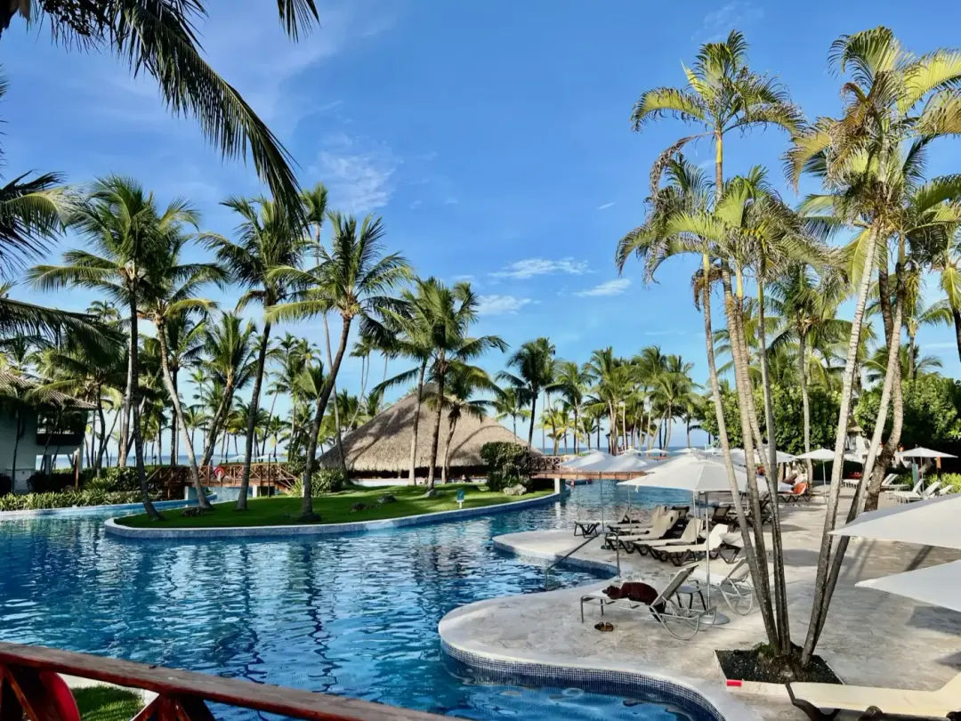 The main pool at Wyndham Alltra Punta Cana, palms along the far edge.